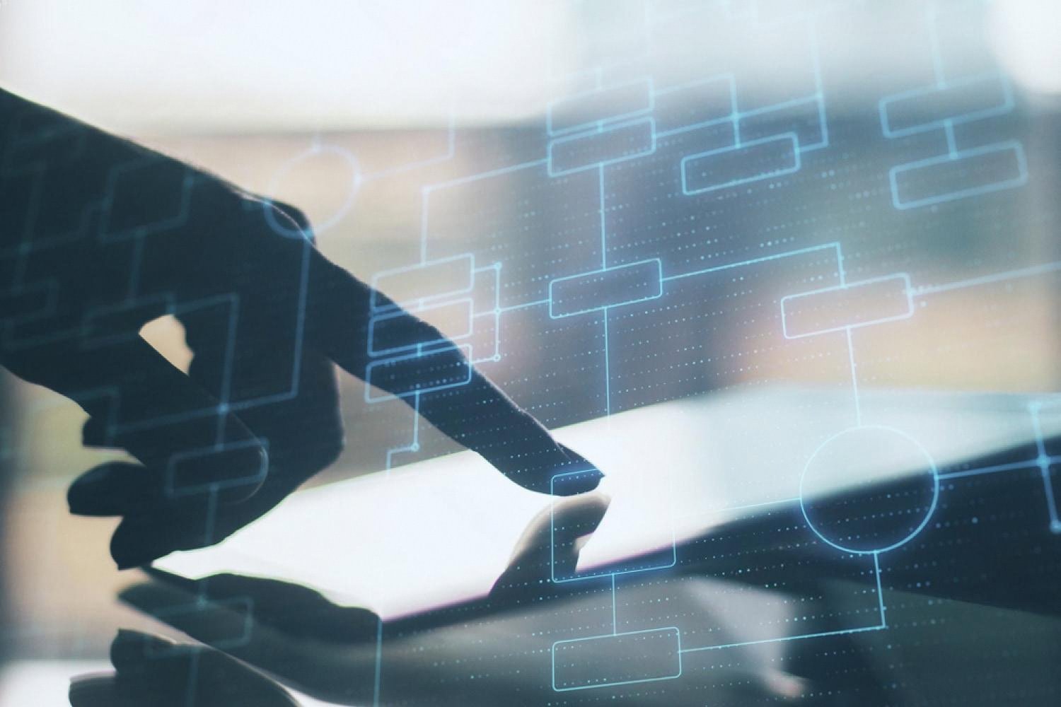 Hands interacting with a digital network diagram illustrating domain hijacking and DNS attacks